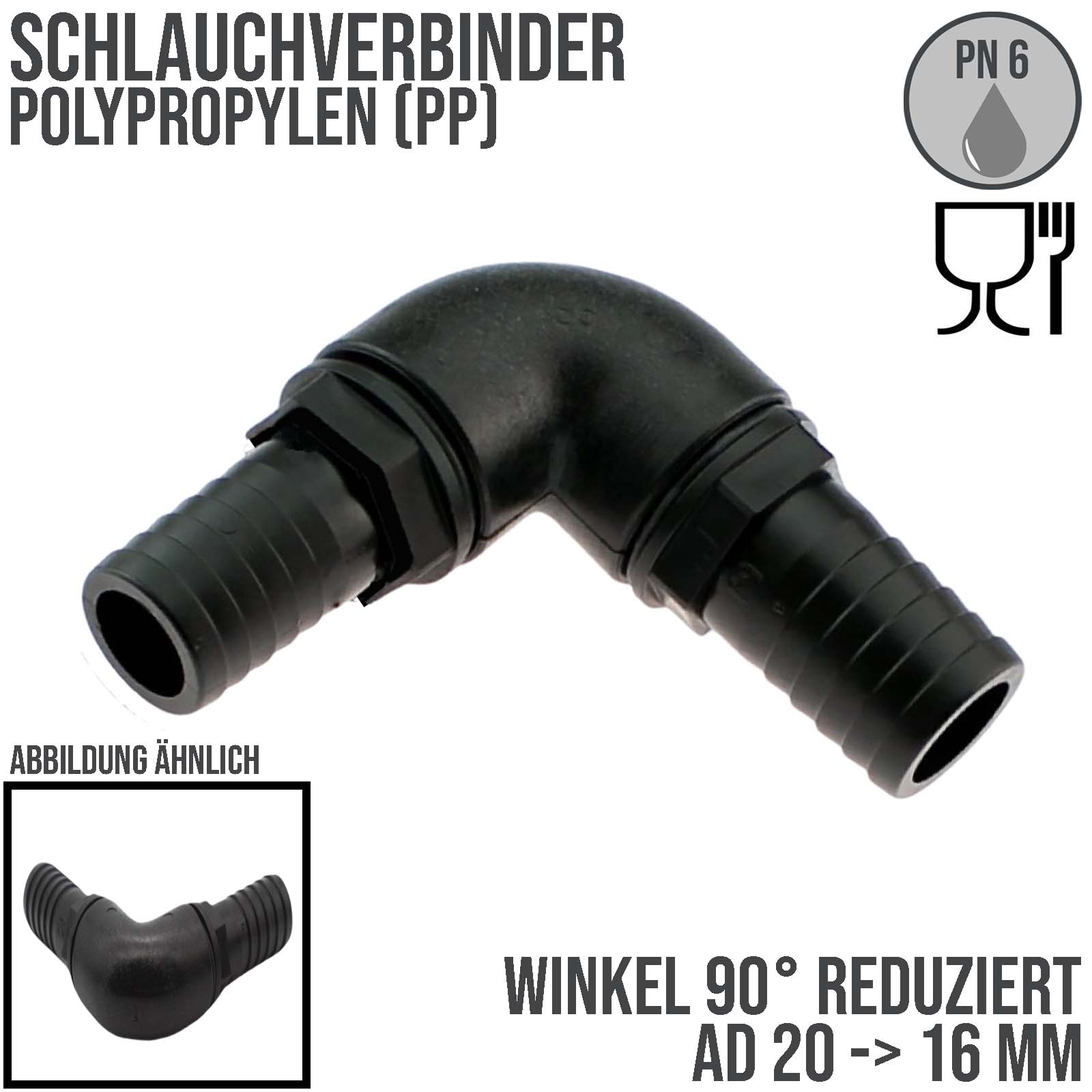 20 x 16 mm Winkel 90° Schlauch Verbinder 2-fach Stutzen Tülle Pool Teich Garten schwarz - PN 6 bar