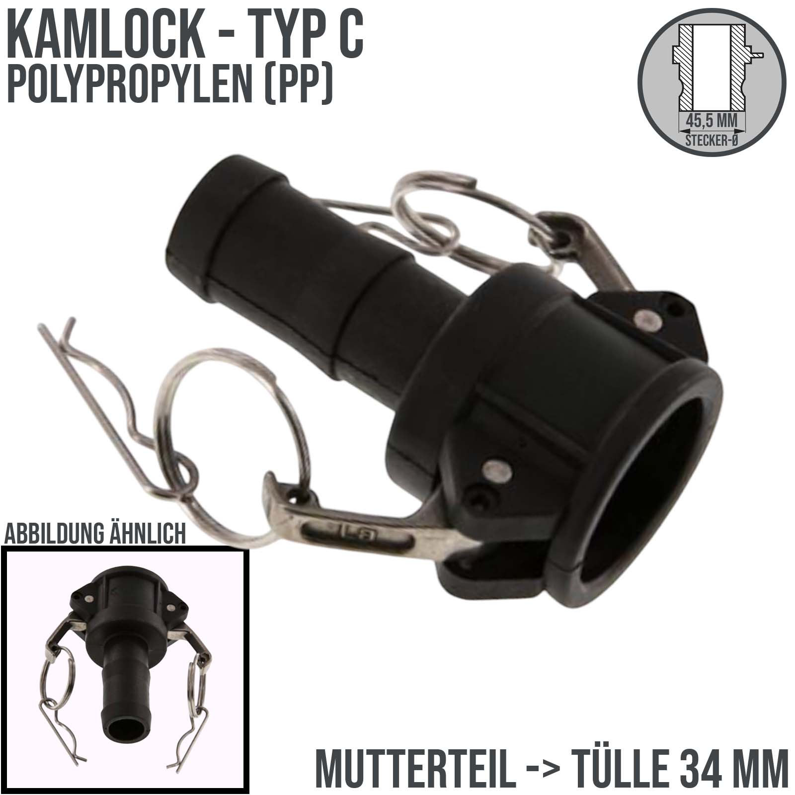Kamlock Typ C - Mutterteil (45,5 mm) Polypropylen PP -> Tülle 34 mm 1 1/4" Zoll DN32 - PN 6,5 bar