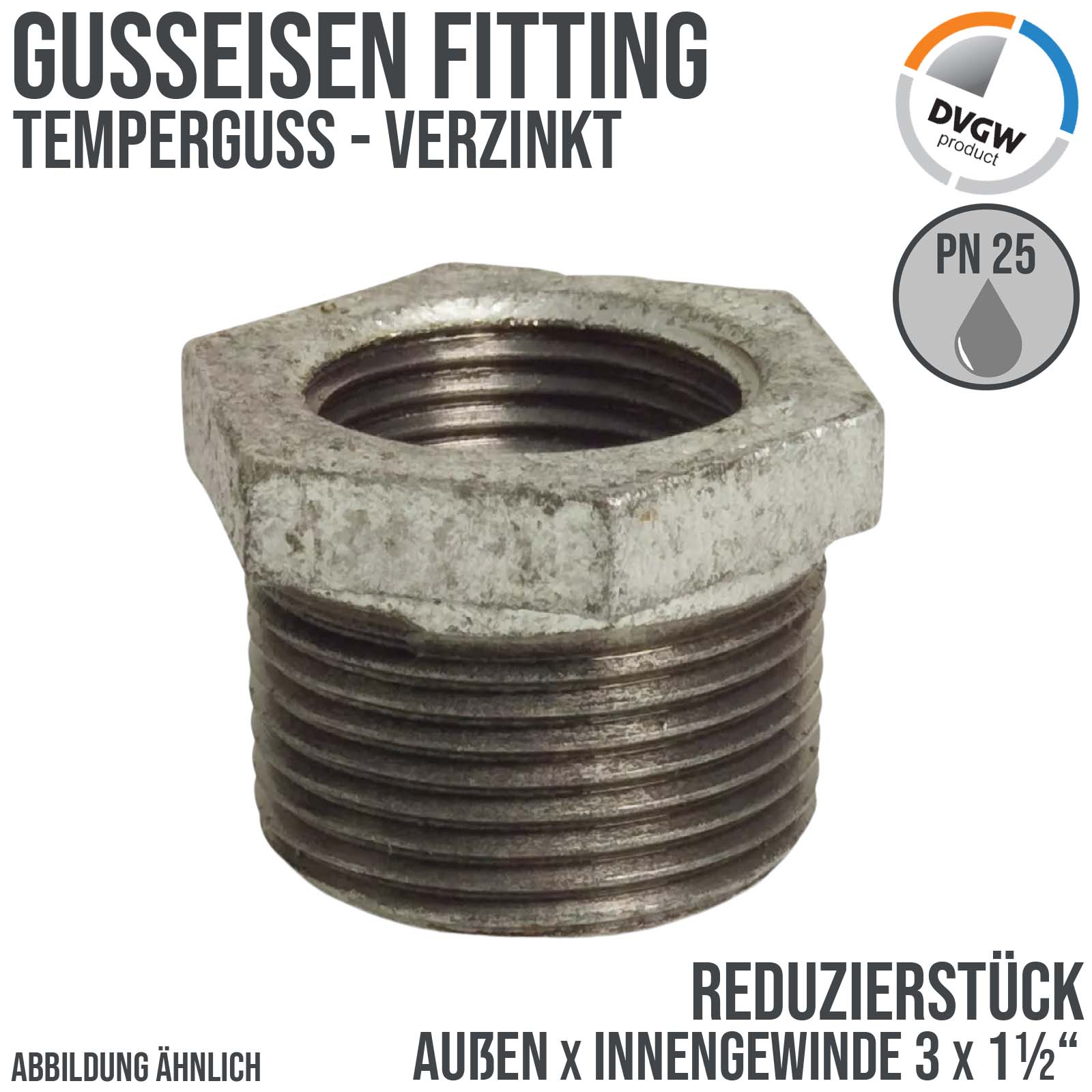 3" x 1 1/2" Gusseisen Temperguss Reduzierstück Nr. 241 Außen x Innengewinde AG x IG DVGW PN 25 bar