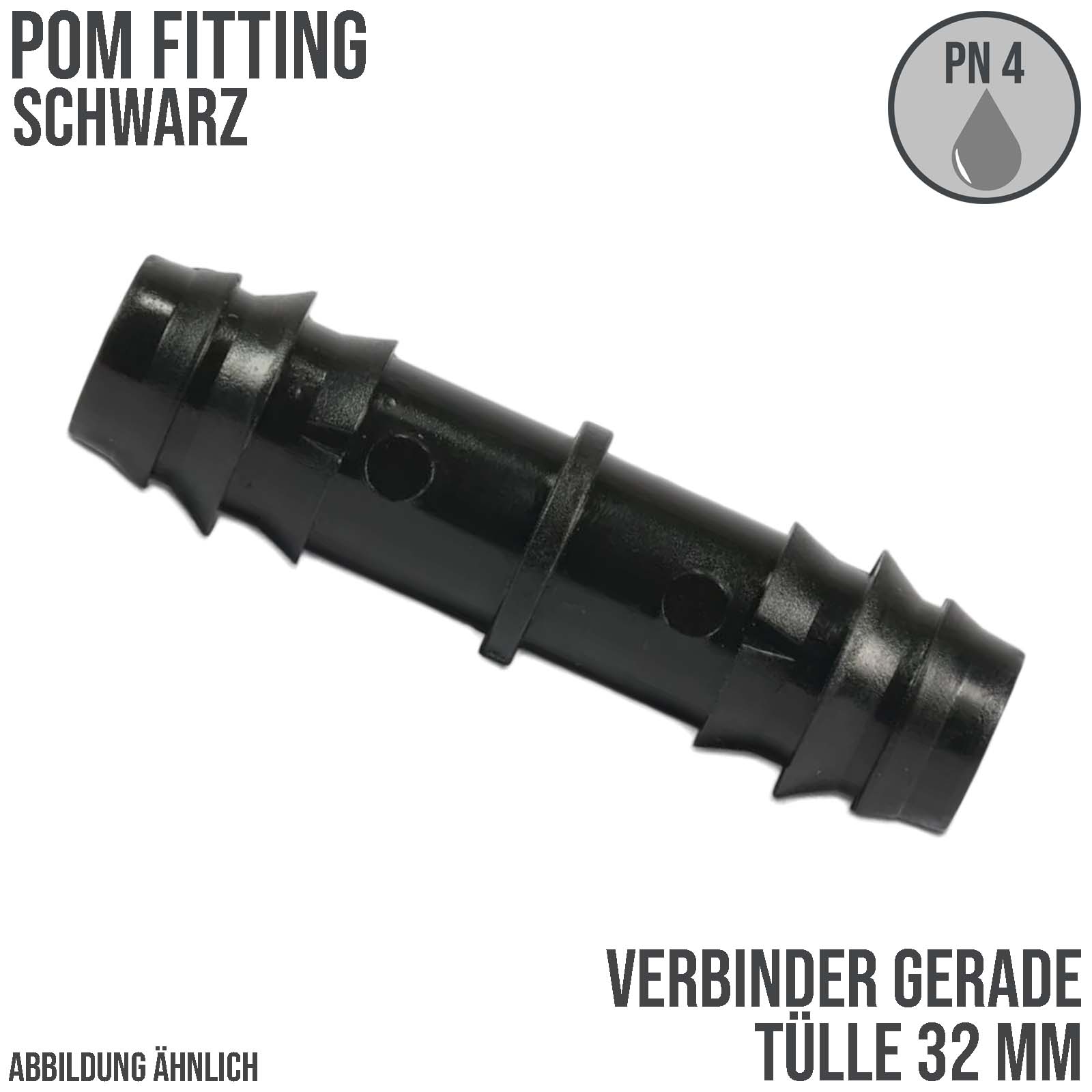 32 mm POM Schlauch Verbinder Stutzen Tülle Kupplung Tropf Fitting schwarz PN 4 bar