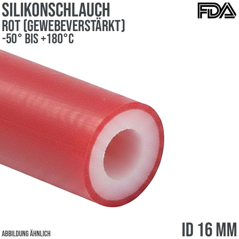 16 x 26 mm Silikon Silicon Schlauch Gewebe rot talkumiert lebensmittelecht FDA PN 5 bar