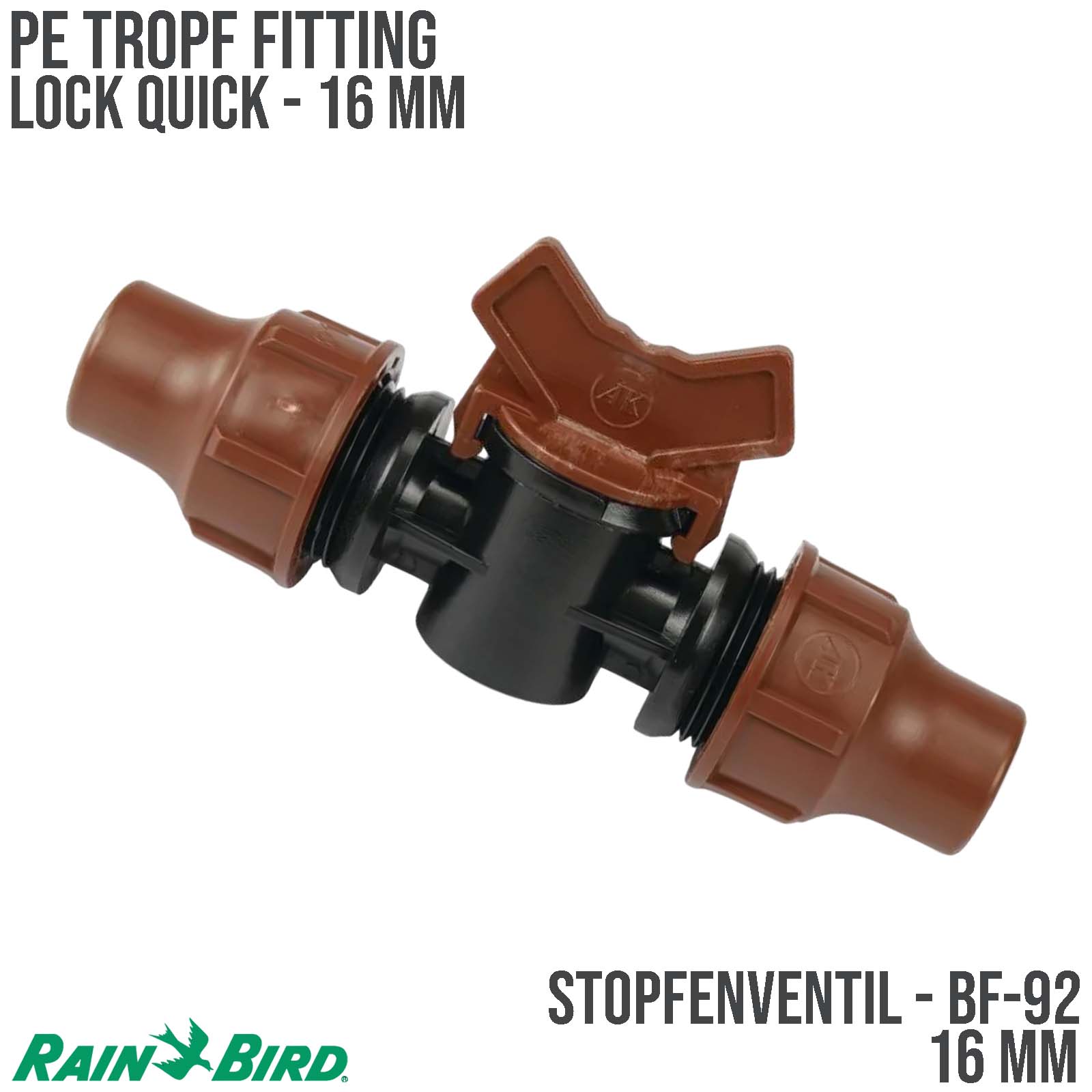 16 mm Rain Bird PE Stopfen Ventil Lock Quick Tropf Fitting Tropf Fitting braun Typ BF-92