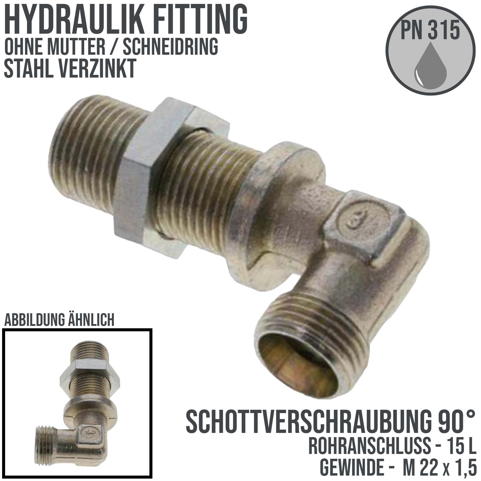 15 L Schneidring Winkel 90° Schott Verschraubung (M 22 x1,5) AG ohne Mutter / Schneidring - PN 315 bar