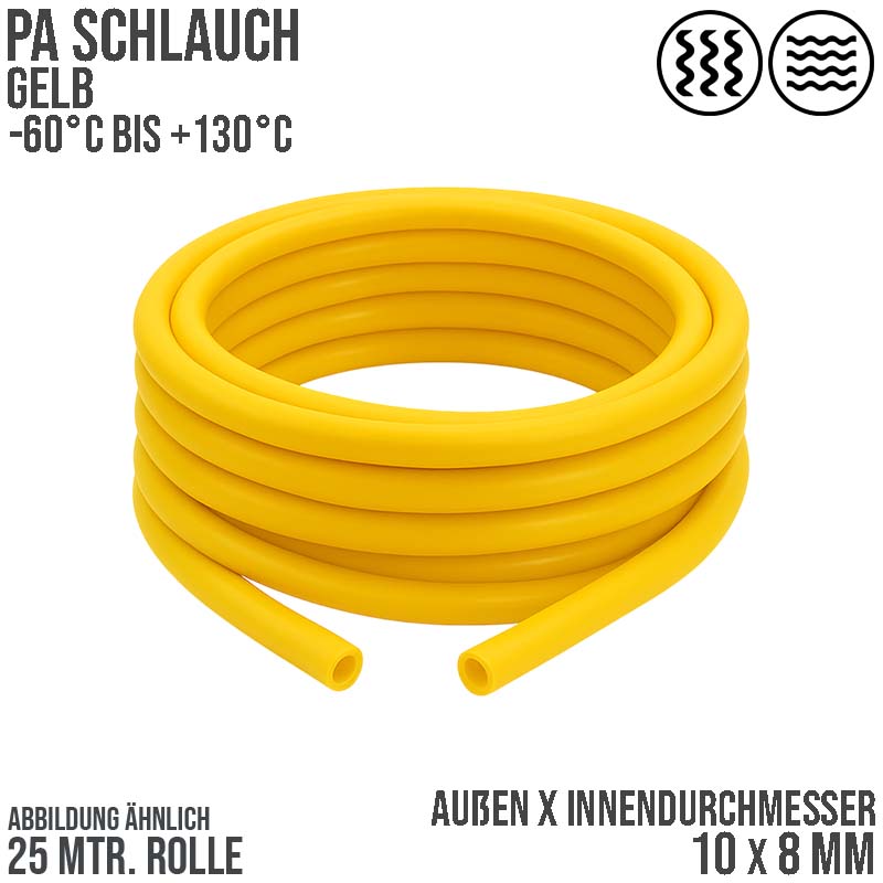 10 x 8 mm Polyamid PA Pneumatik Schlauch gelb - PN 15 bar - 25 m