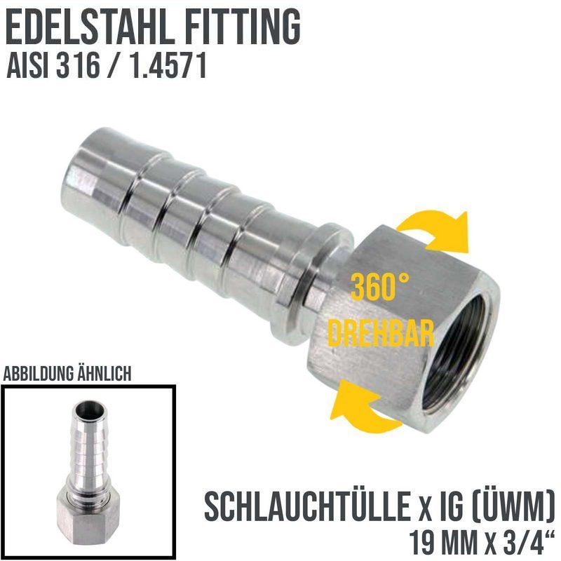 3/4" x 20 mm Schlauch Tülle Stutzen Innengewinde IG ÜWM Nippel Edelstahl AISI 316 VA Fitting - PN 18 bar