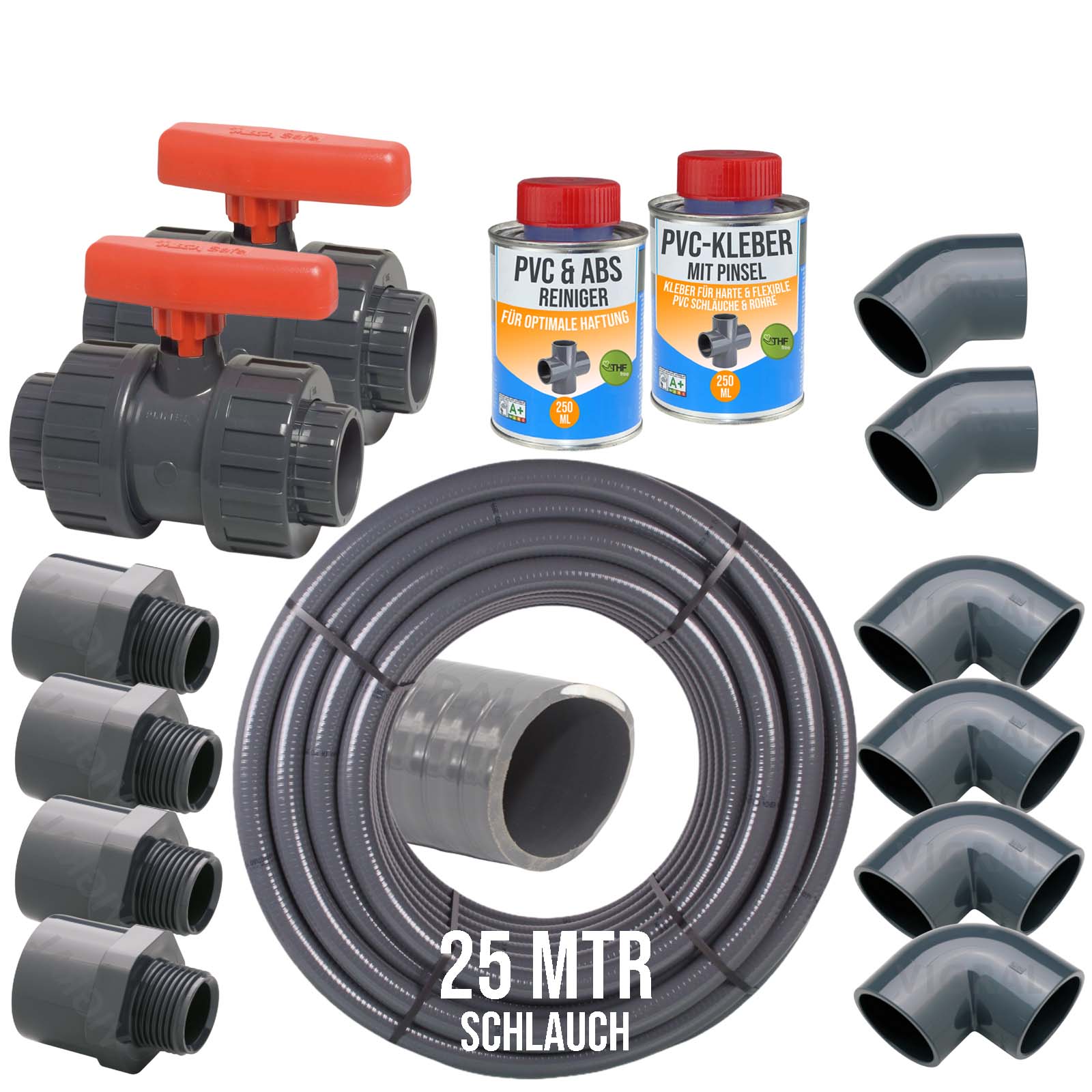 50 mm PVC Klebe Fittings Verrohrungspaket Pool Schwimmbad Schlauch FLEX (2") - 25 m - rot