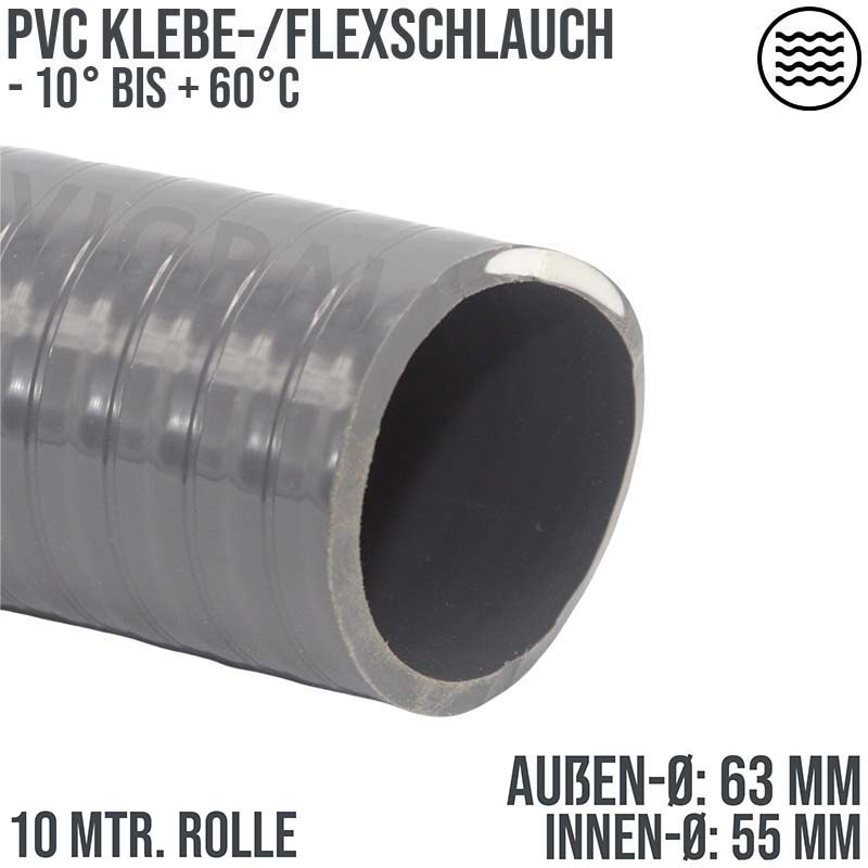 63 x 55 mm PVC Klebe Flex Spiral Schwimmbad Pool Teich Schlauch grau PN 5 bar - 10 m