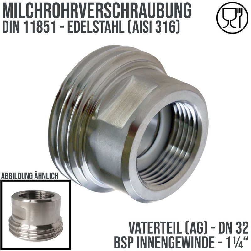 DN 32 Milchrohr Verschraubung DIN 11851 VT Vaterteil Außengewinde RD Innengewinde 1 1/4" - PN 25 bar