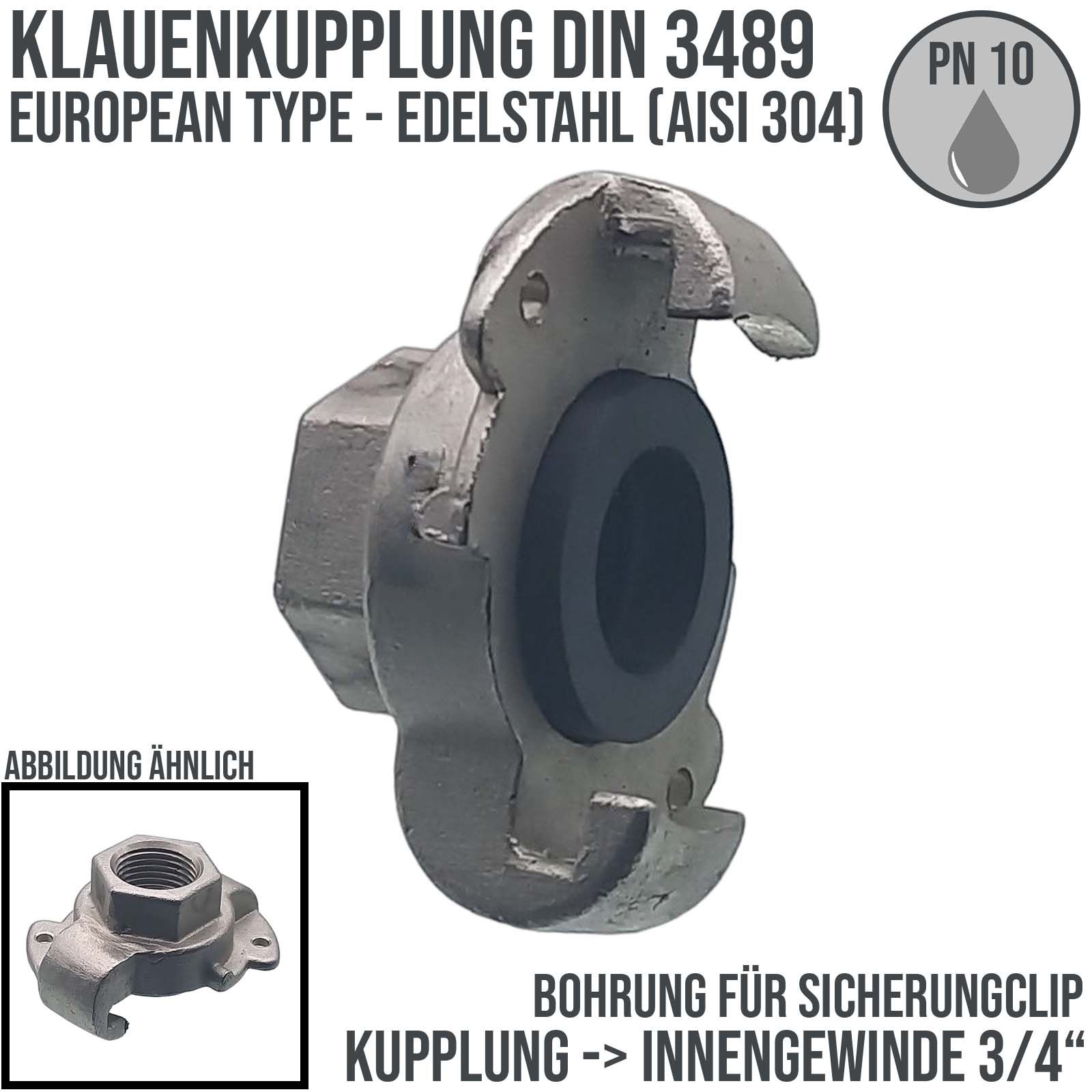 1/2" Klauen Kupplung Edelstahl AISI 304 European Type Abstand 42 mm Bohrung Innengewinde IG - PN 10 bar