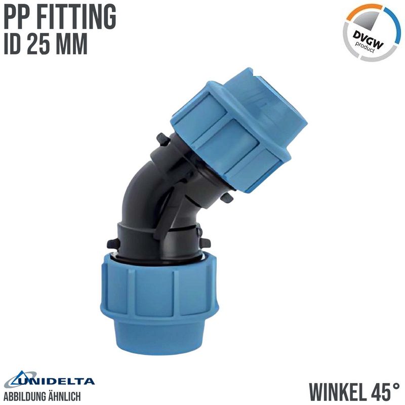 25 mm PE PP Fitting Klemm Verbinder Verschraubung Muffe Rohr Winkel 45° DVGW - Unidelta