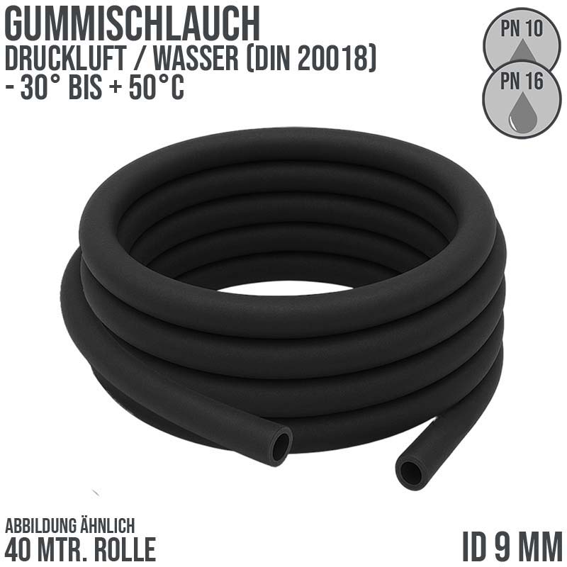 9 x 16 mm Gummi Druckluft Universal Wasser Luft Kompressor Schlauch schwarz - PN 10/16 bar - 40 m