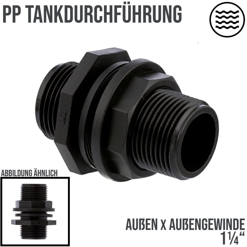 1 1/4" PP Tank Regen Tonnen Durchführung Connector Messing 2-fach Außengewinde  - PN 10 bar