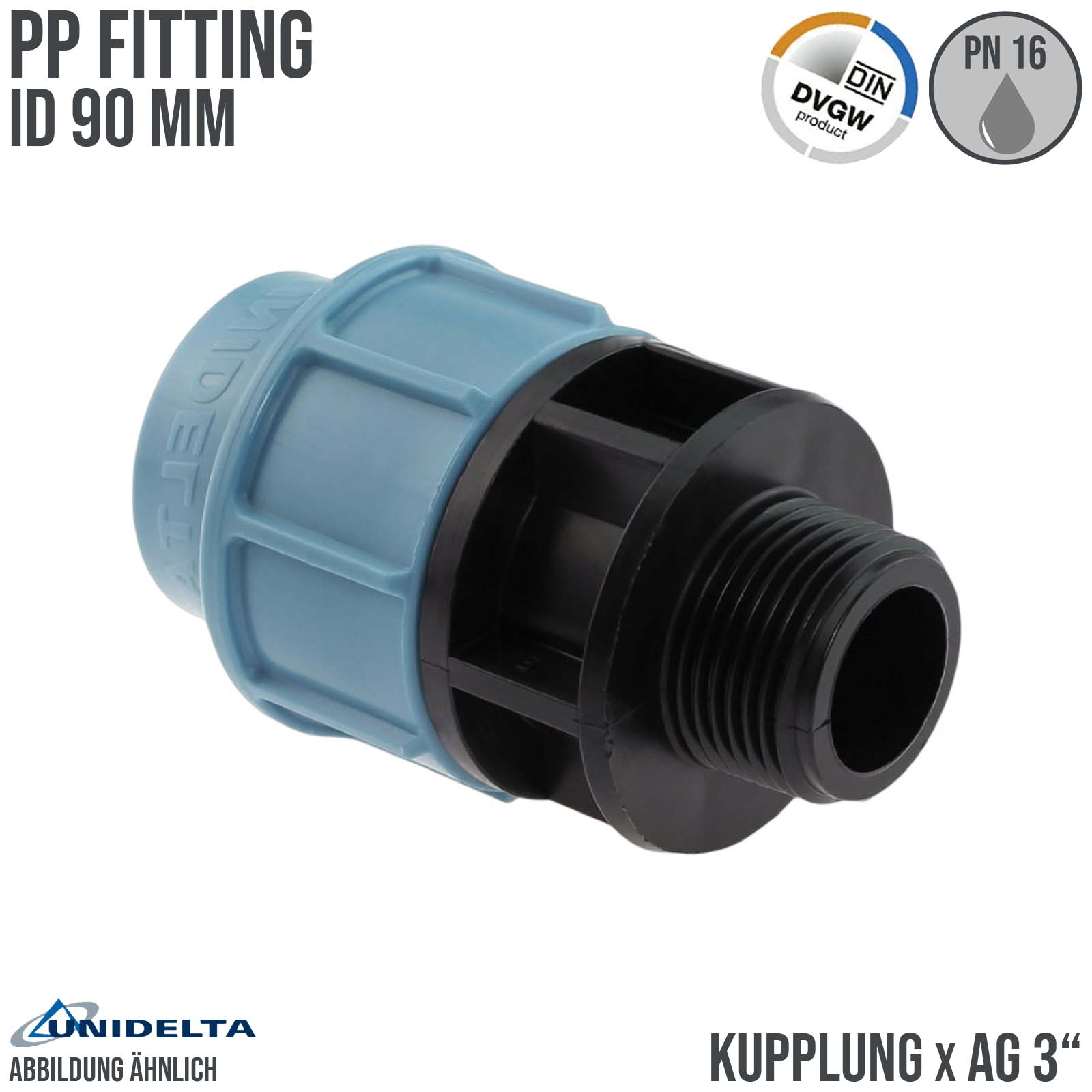 90 mm x 3" PE PP Fitting Klemm Verbinder Verschraubung Muffe Rohr Kupplung x AG DVGW - Unidelta