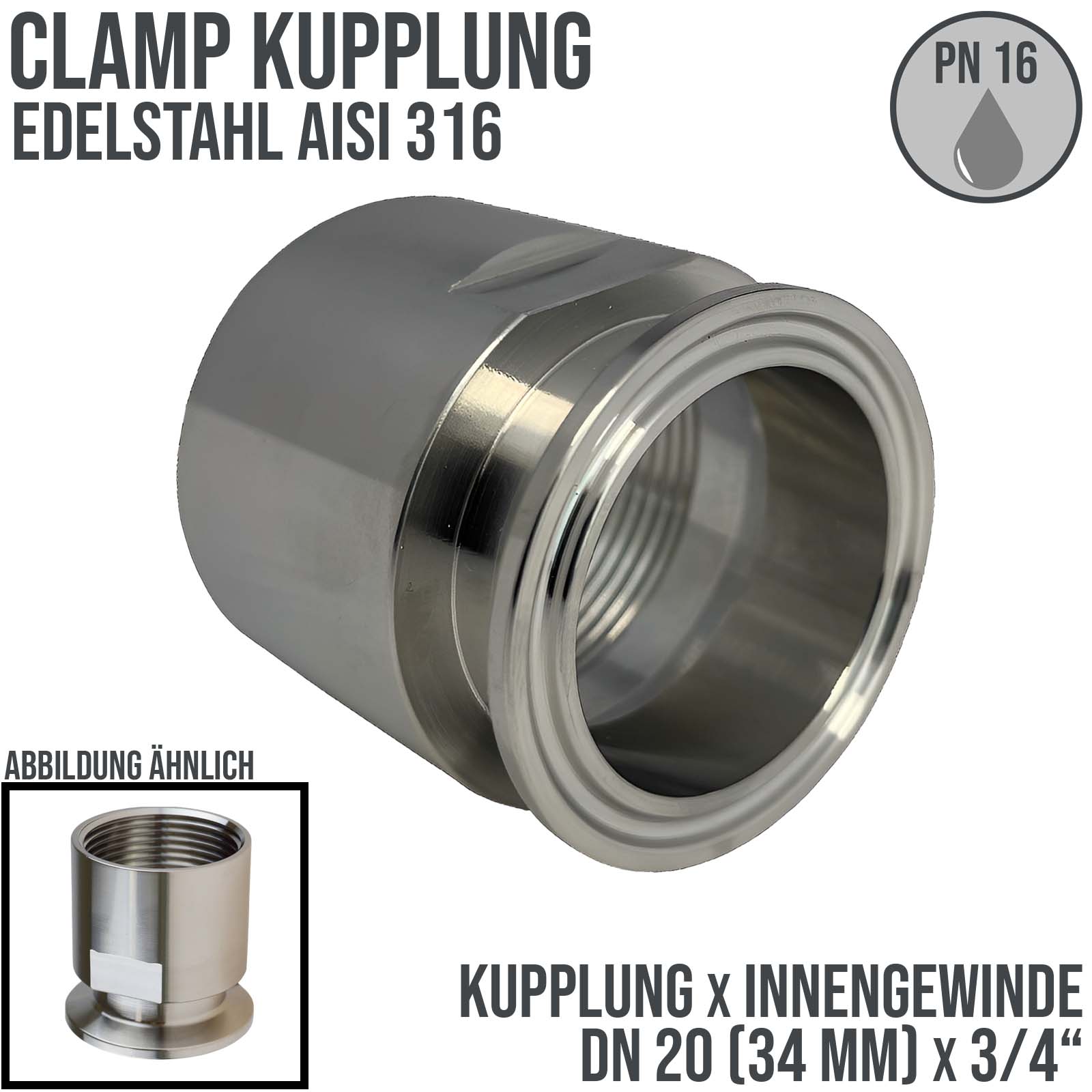 DN 20 CLAMP Kupplung 34 mm DIN 32676 Innengewinde IG 3/4" - PN 16 bar