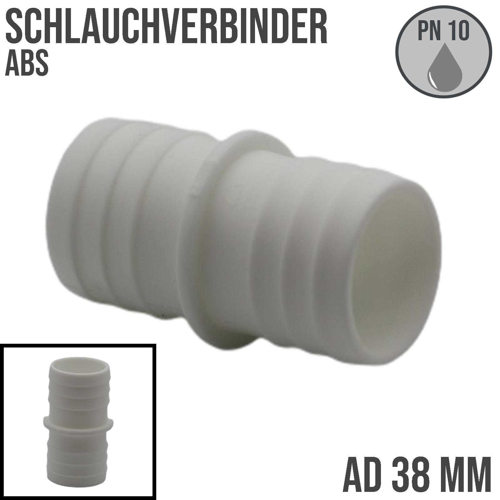 38 x 38 mm ABS Schlauch Tülle Stutzen Doppel Verbinder Pool Schwimmbad Teich - PN 10 bar