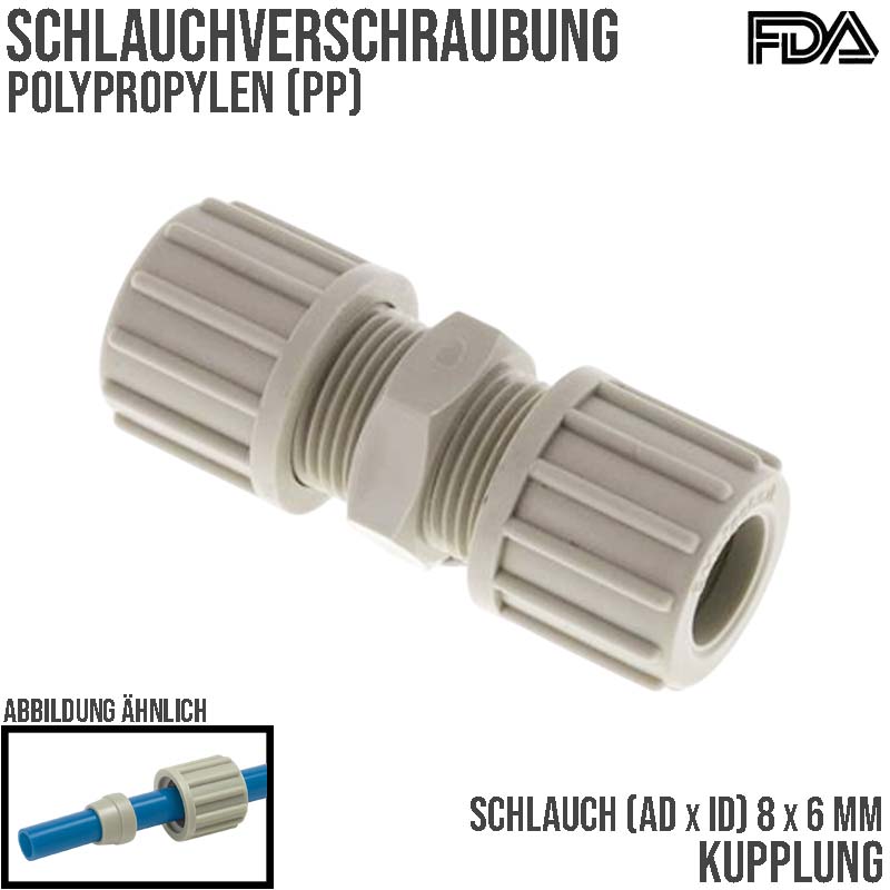 8 x 4 mm Kupplung PA PP Schlauch Verschraubung Verbinder FDA - PN 10 bar