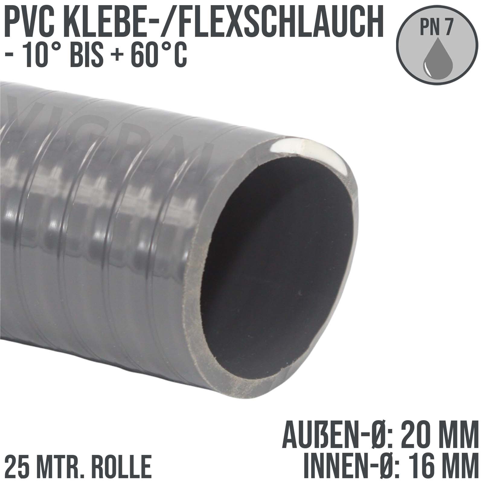 20 x 16 mm PVC Klebe Flex Spiral Schwimmbad Pool Teich Schlauch grau PN 7 bar - 25 m