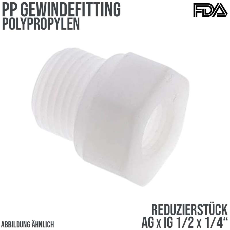1/2" x 1/4" PP Gewinde Fitting FDA Reduzier Nippel Außen x Innengewinde Verbinder weiß - PN 10 bar