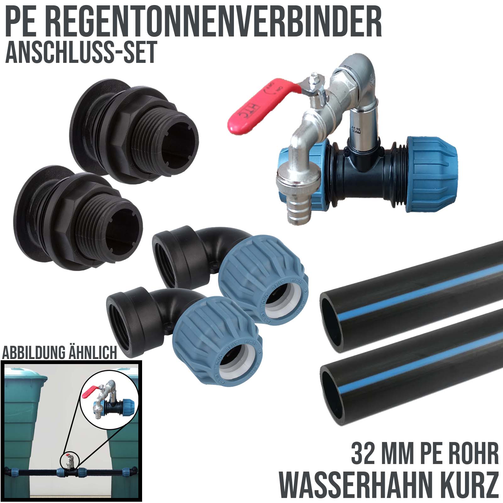 32 mm PP PE Regentonnen Fass Wasser Tank Verbinder Wasserhahn Auslaufventil kurz