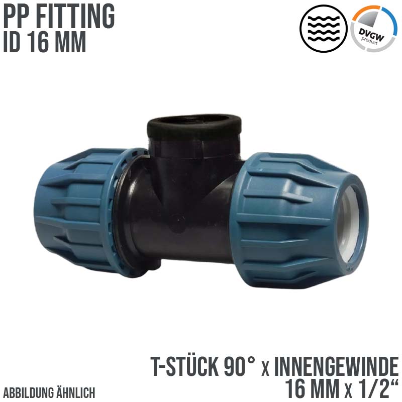16 mm x 1/2" PE PP Fitting Klemm Verbinder Verschraubung Rohr T-Stück 90° x IG DVGW - PN 16 bar