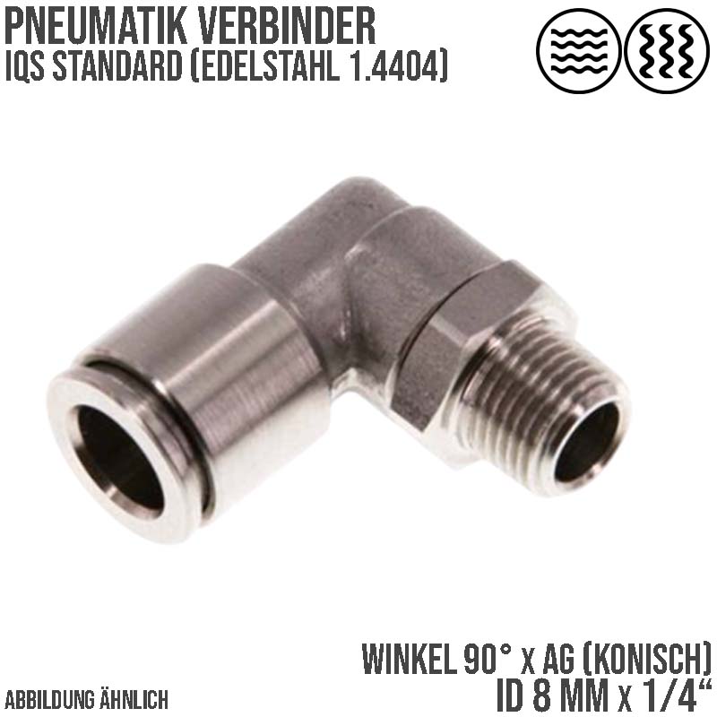 8 mm x 1/4" Pneumatik Steck Verbinder Winkel 90° eckig IQS Edelstahl VA 1.4404 Außengewinde konisch - PN 15 bar