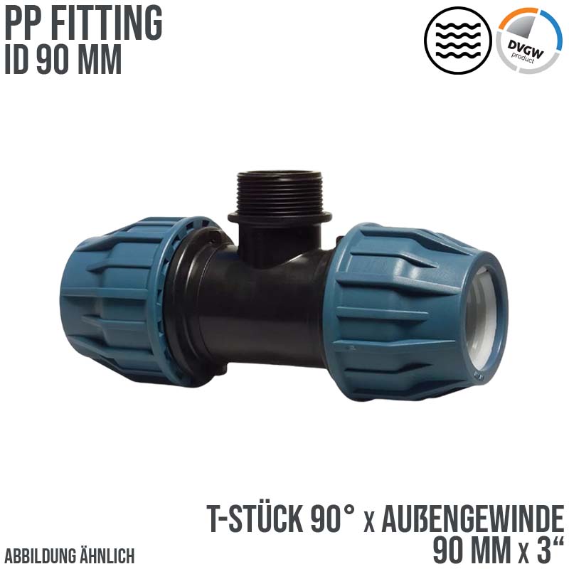 90 mm x 3" PE PP Fitting Klemm Verbinder Verschraubung Rohr T-Stück 90° x AG DVGW - PN 16 bar