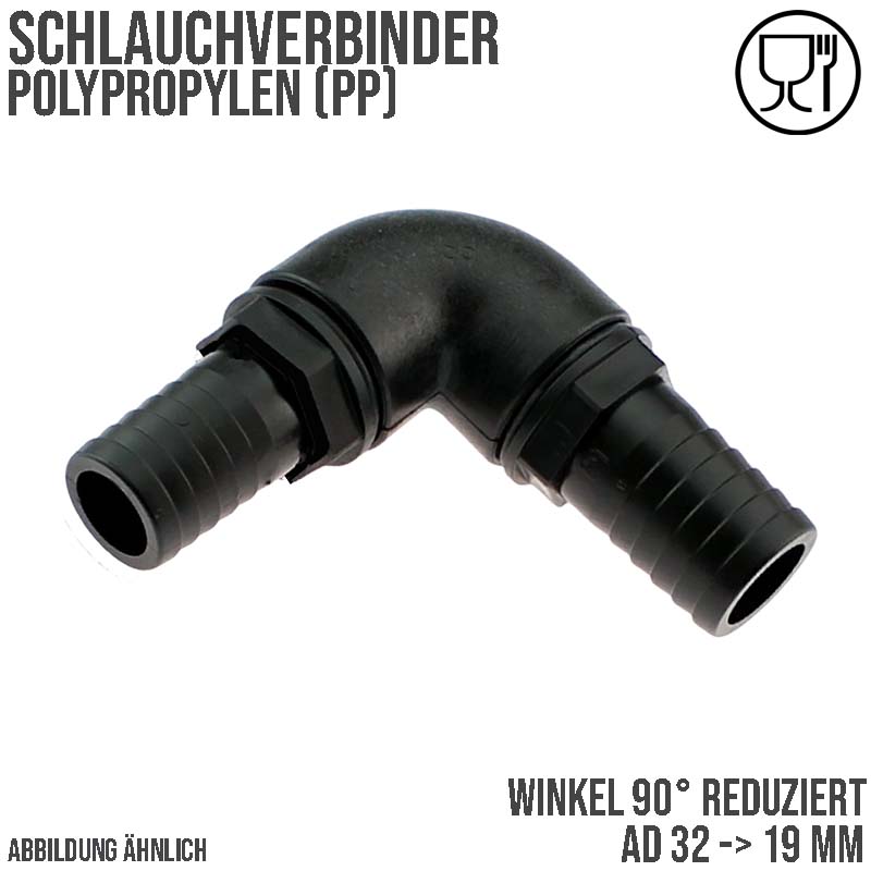 32 x 19 mm Winkel 90° PP Schlauch Verbinder 2-fach Stutzen Tülle Pool Teich Garten schwarz - PN 6 bar