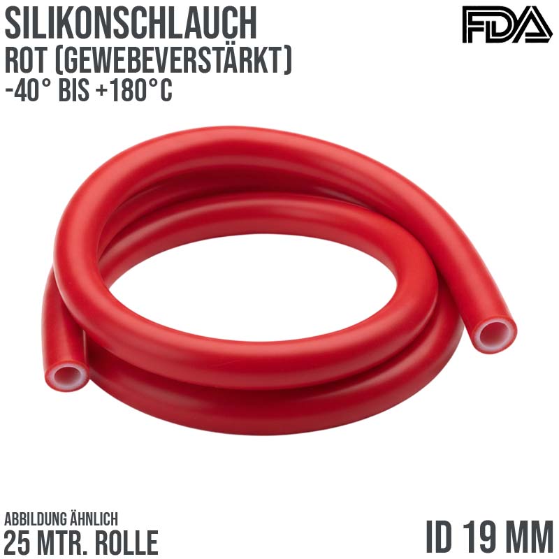 19 x 27 mm Silikon Silicon Schlauch Gewebe rot lebensmittelecht FDA PN 8 bar - 25 m