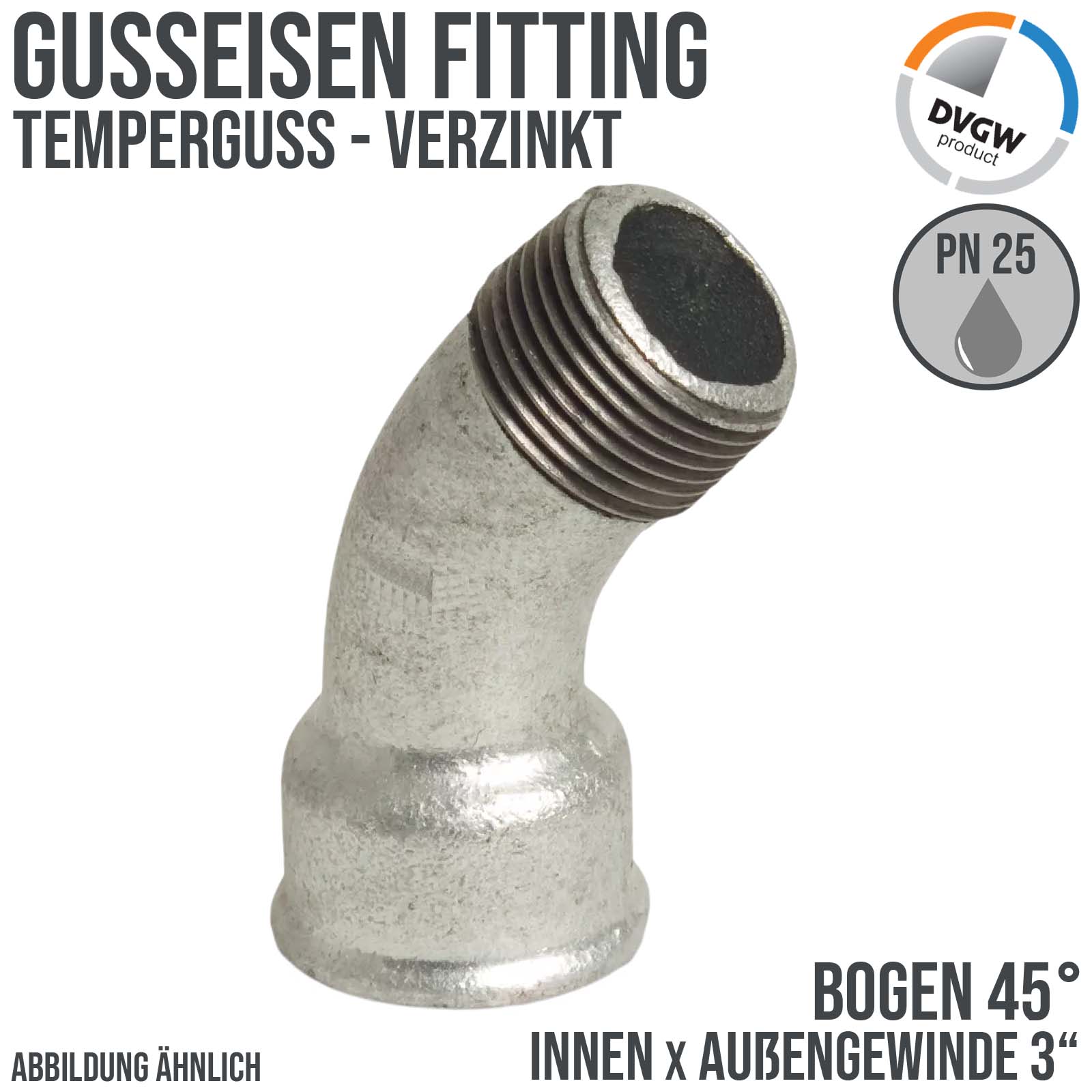3" Gusseisen Temperguss Fitting Nr. 40 Bogen 45° Innen x Außengewinde IG x AGDVGW PN 25 bar