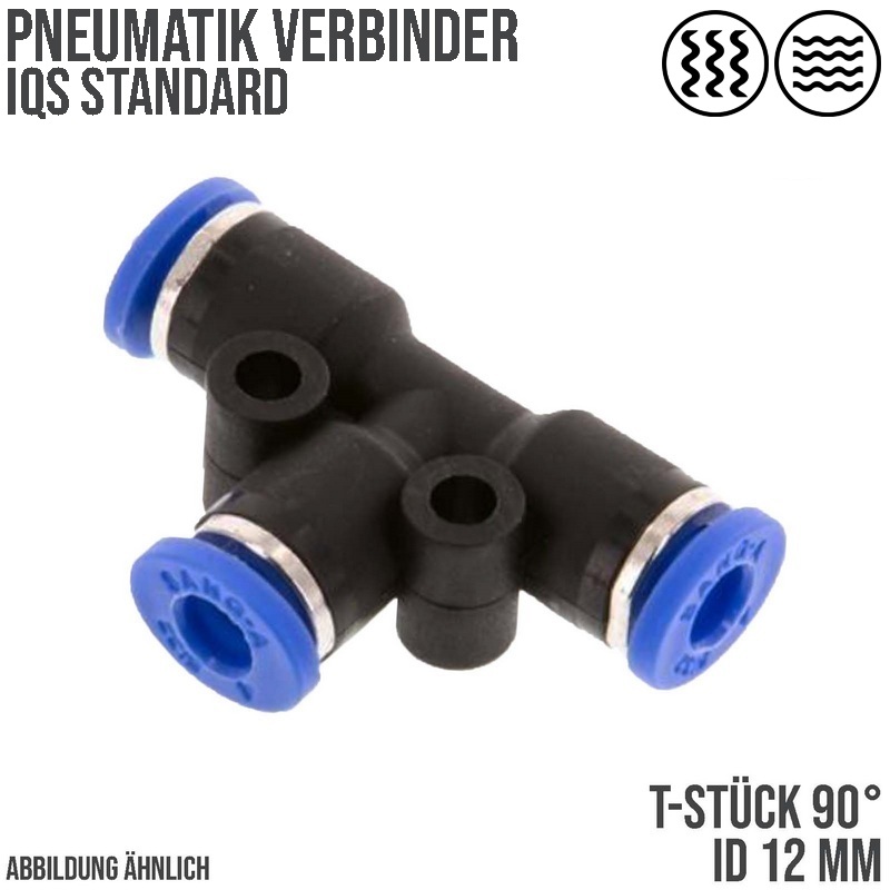 12 mm Pneumatik Steck Verbinder IQS T-Stück 90° blau/schwarz PA PU Schlauch - PN 20 bar