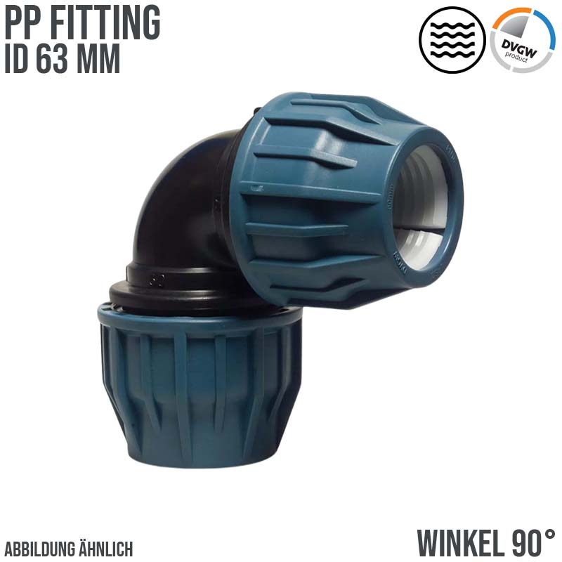 63 mm PE PP Fitting Klemm Verbinder Verschraubung Muffe Rohr Winkel 90° DVGW - PN 16 bar