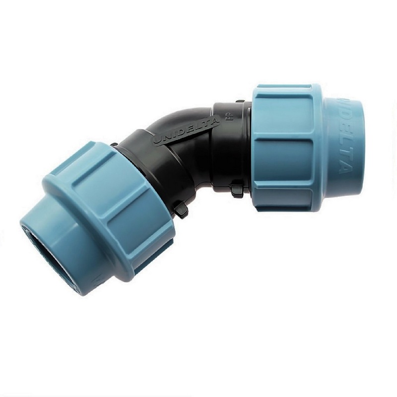 63 mm PE PP Fitting Klemm Verbinder Verschraubung Muffe Rohr Winkel 45° DVGW - Unidelta
