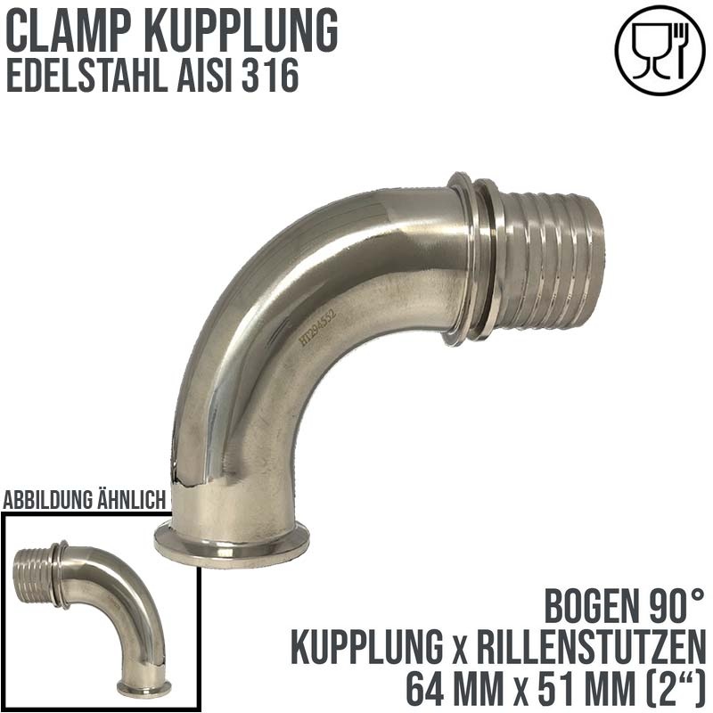CLAMP Kupplung 90° Bogen 64 mm Schlauch Stutzen Tülle Rillen 51 mm 2" - PN 16 bar
