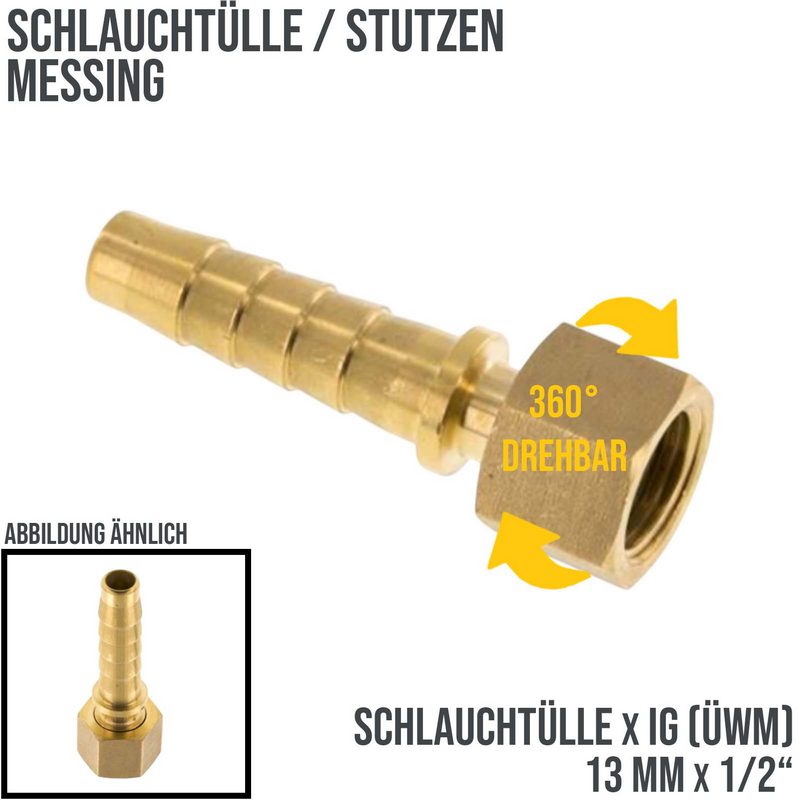 1/2" x 13 mm Schlauch Tülle Stutzen Innengewinde IG ÜWM Nippel Messing Fitting - PN 18 bar