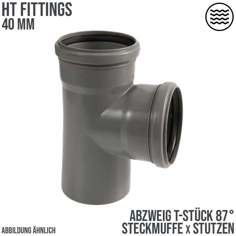 40 mm PP T-Stück 87° Abzweig Abfluß Abwasser HT KG Rohr Steckmuffe x Stutzen grau