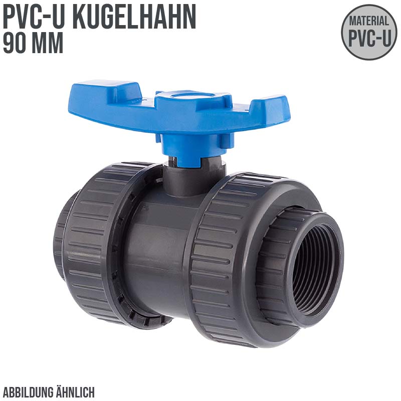 90 mm PVC Kugel Absperr Hahn Ventil beidseitige Klebemuffe Fitting PN 10 bar - blauer Griff