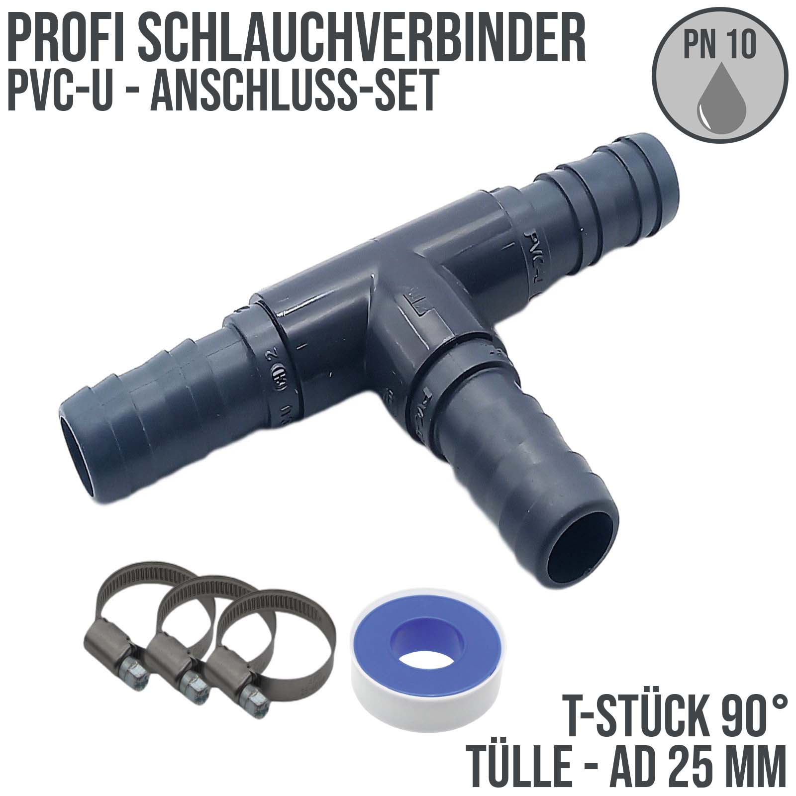 25 mm PVC PROFI T-Stück 90° Schlauch Verbinder Stutzen Tülle Pool Teich Garten - PN 10 bar - Montage-Set