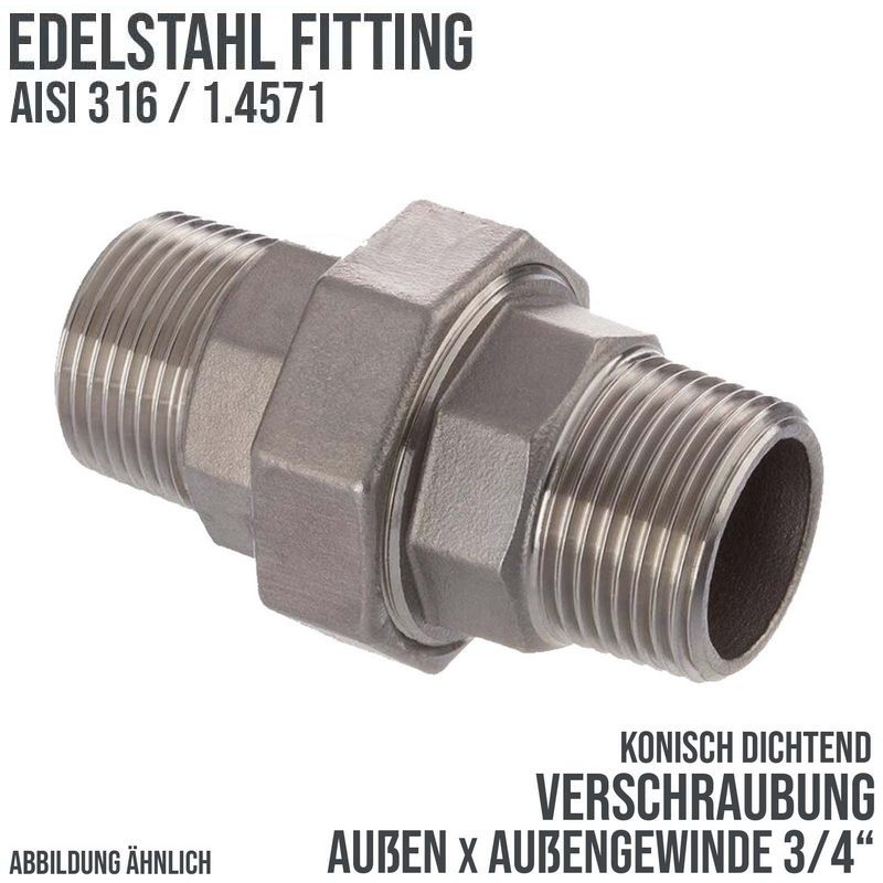 3/4" Edelstahl Fitting V4A AISI 316 Verschraubung Außen x Außengewinde AG konisch dichtend - PN 16 bar