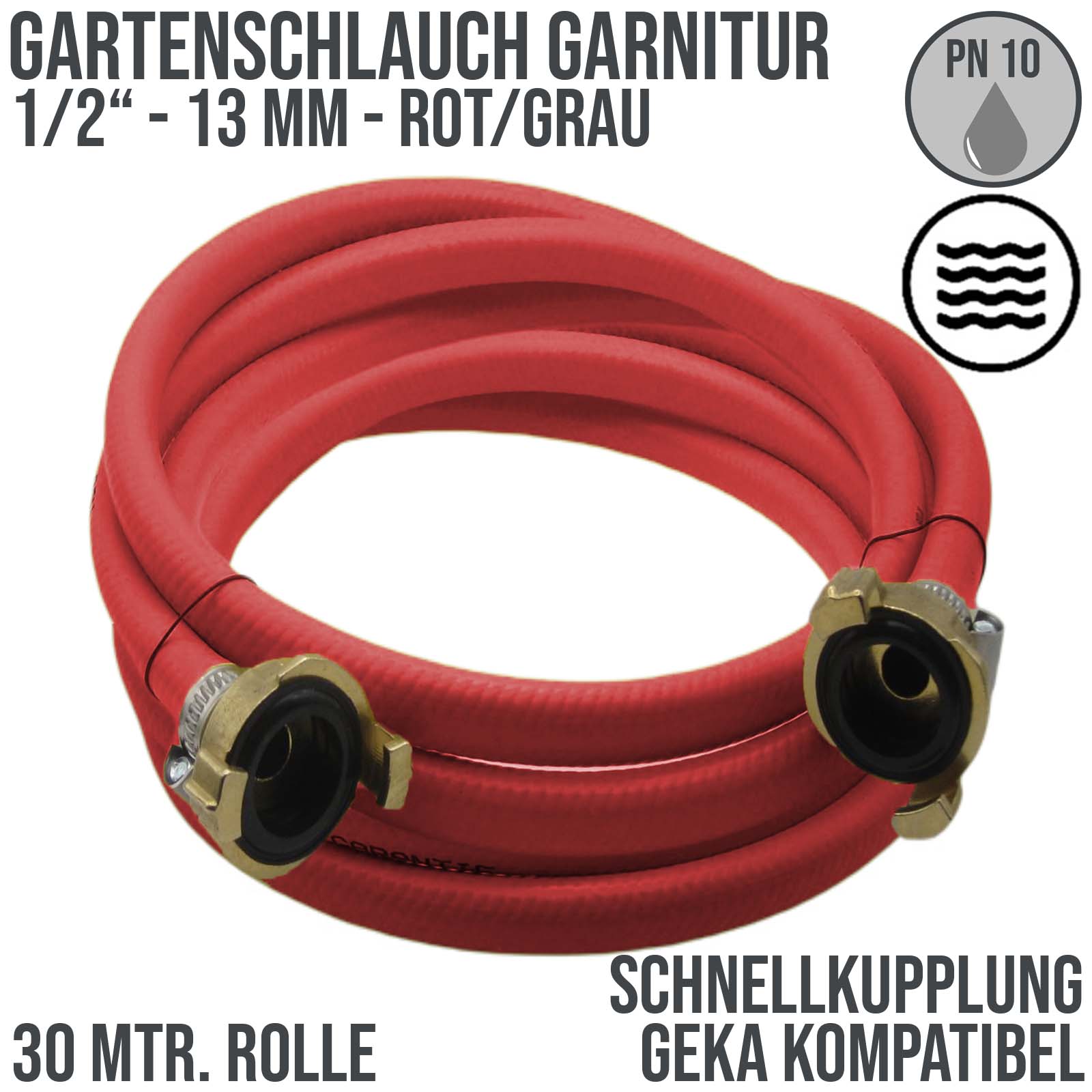 1/2" 13mm Gartenschlauch Wasserschlauch Garnitur rot/grau 3-lagig mit Schnellkupplung - PN 10 bar - 30,0 m