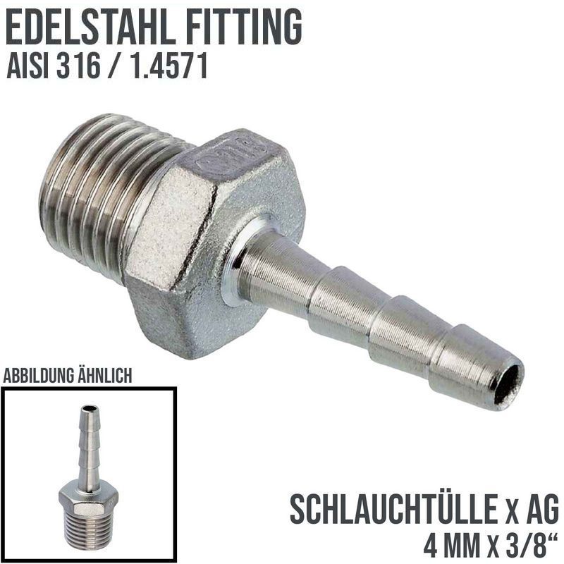 4 mm x 3/8" Zoll Schlauch Tülle Stutzen Außengewinde AG Nippel Edelstahl AISI 314 VA  Fitting - PN 20 bar