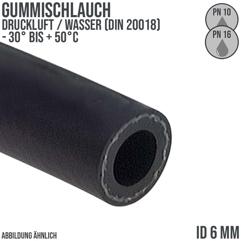 6 x 13 mm Gummi Druckluft Universal Wasser Luft Kompressor Schlauch schwarz - PN 10/16 bar
