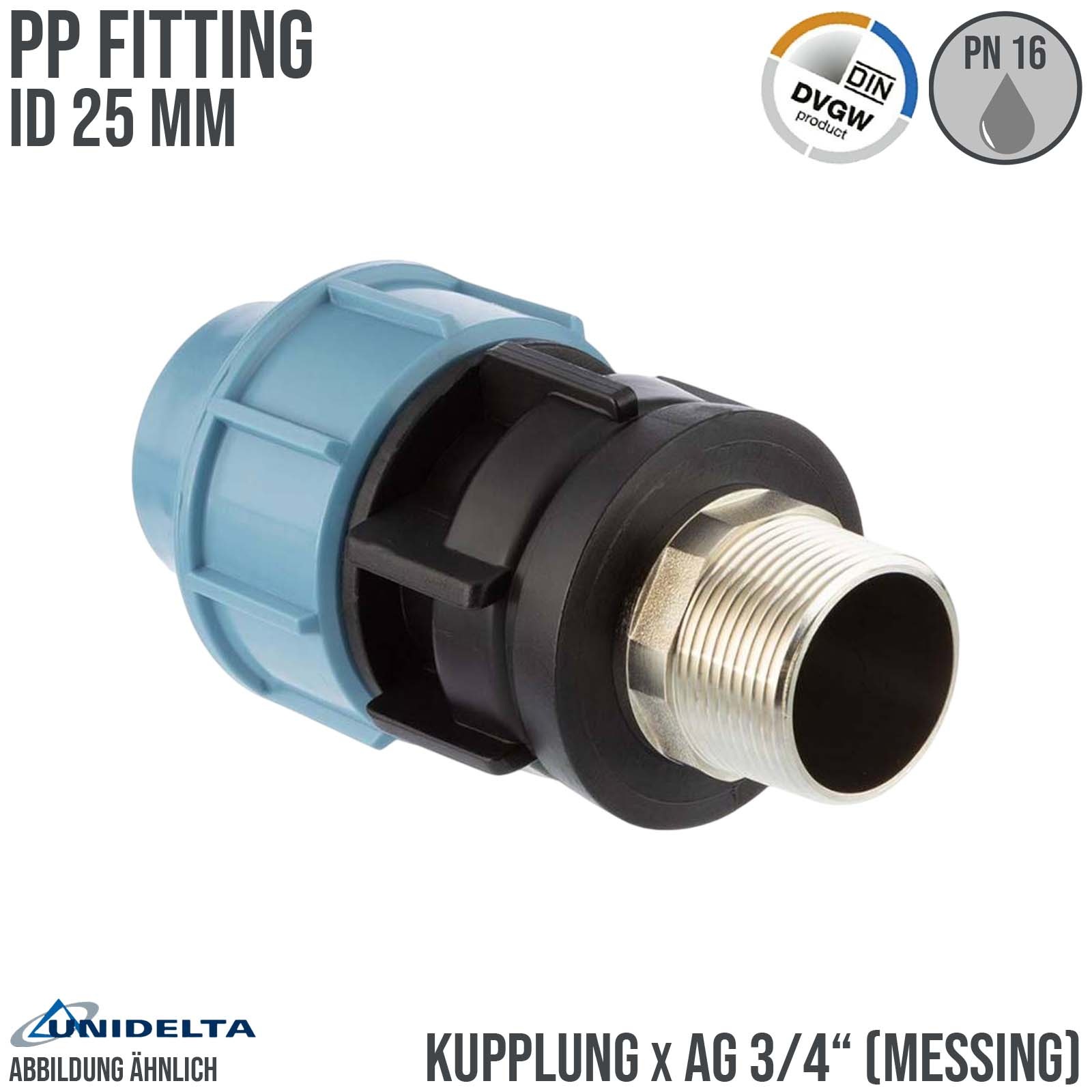 25 mm x 3/4" PE PP Fitting Klemm Verbinder Muffe Rohr Kupplung x Messing AG DVGW - Unidelta
