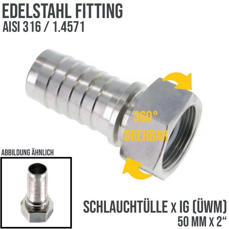 2" x 50 mm Schlauch Tülle Stutzen Innengewinde IG ÜWM Nippel Edelstahl AISI 316 VA Fitting - PN 18 bar