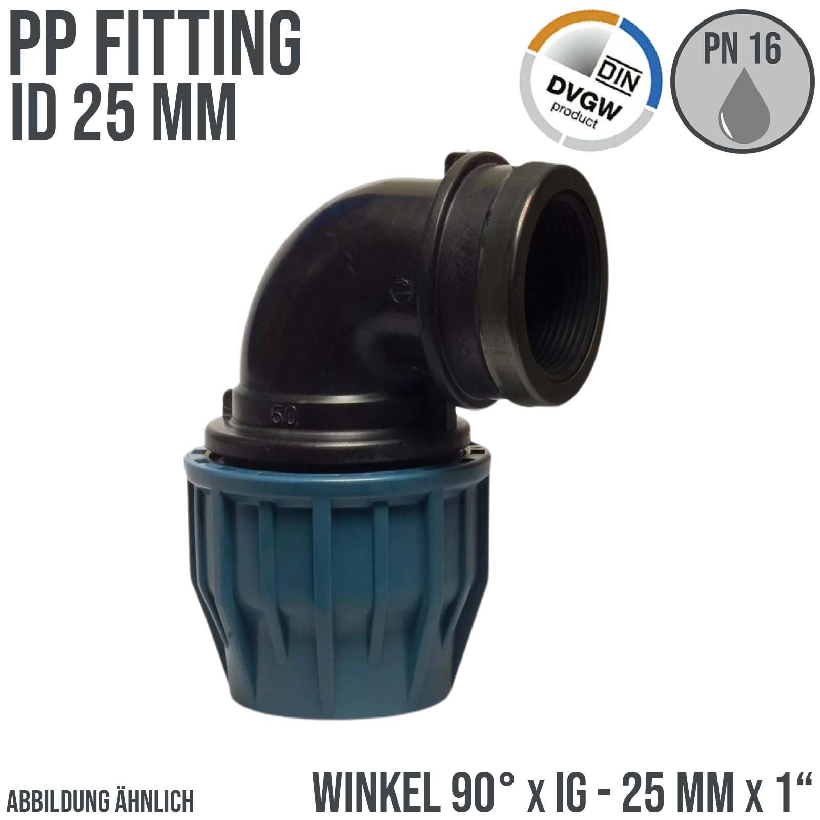 25 mm x 1" PE PP Fitting Klemm Verbinder Verschraubung Rohr Winkel 90° x IG DVGW - PN 16 bar 