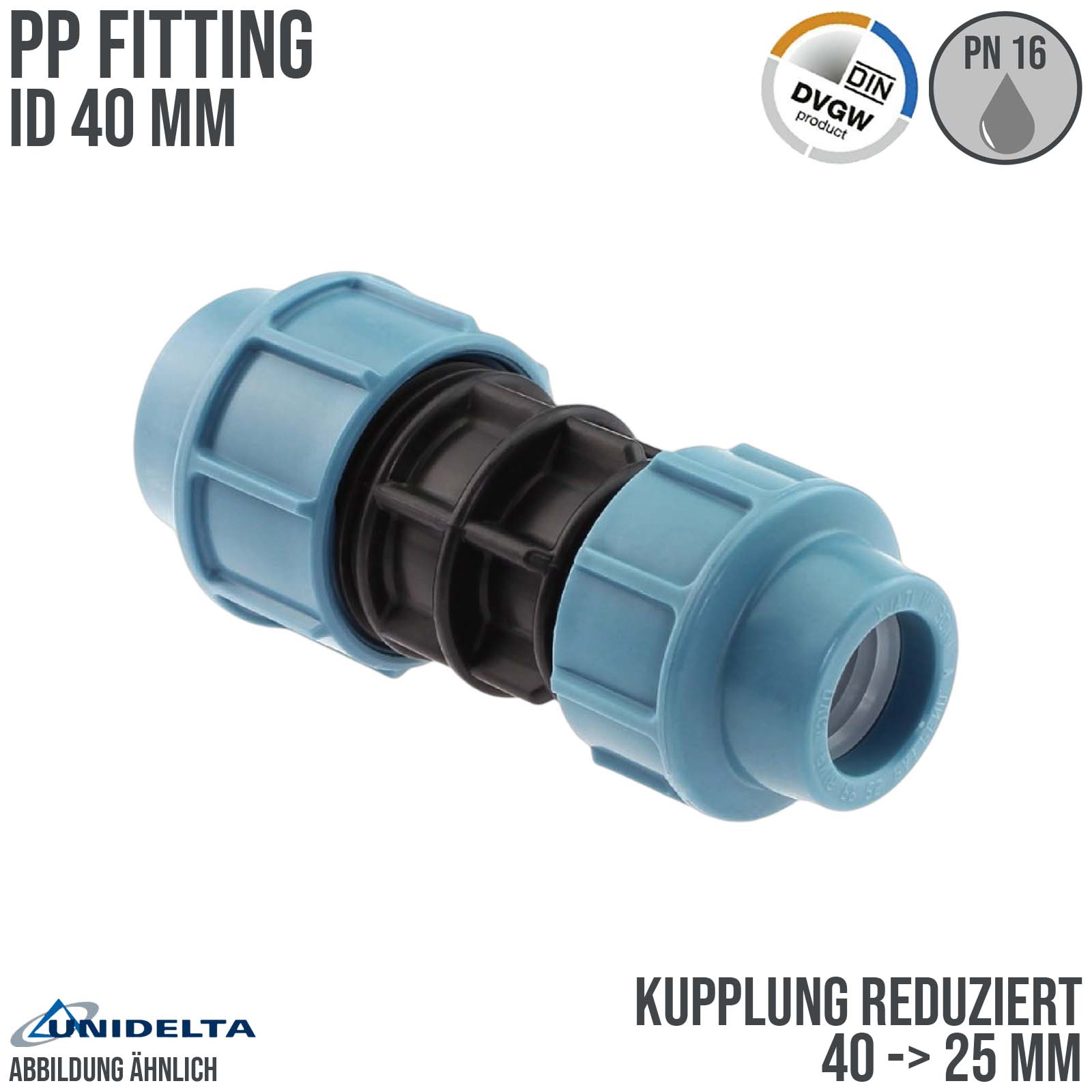 25 x 20 mm PE PP Fitting Klemm Verbinder reduziert Verschraubung Muffe Kupplung DVGW - Unidelta