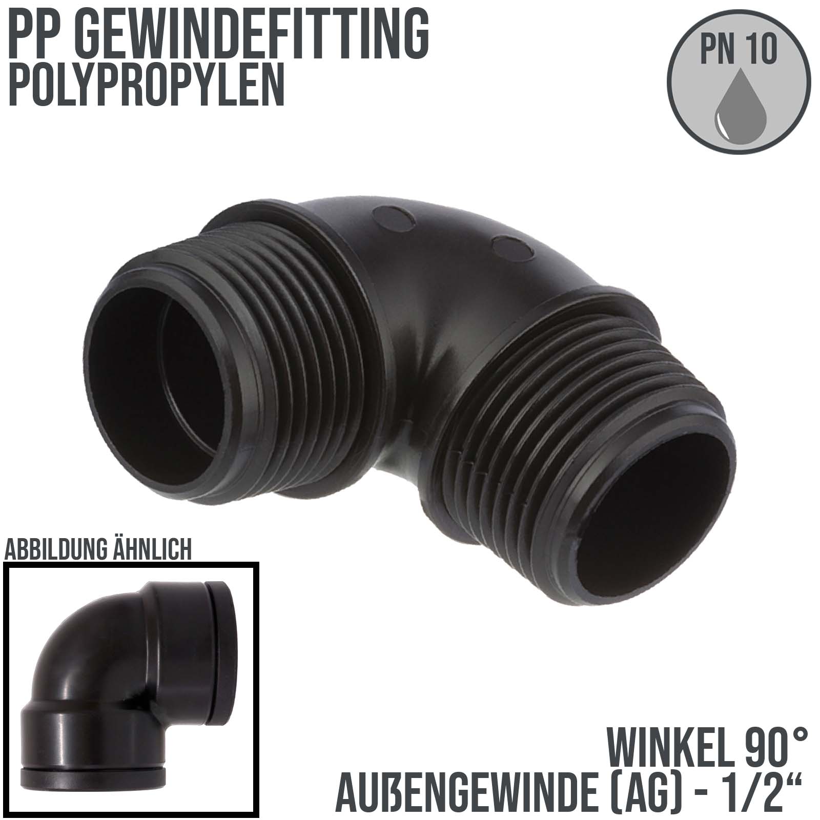 1/2 " PP Gewinde Fitting Winkel 90° schwarz Außen x Außengewinde IG Polypropylen - PN 10 bar