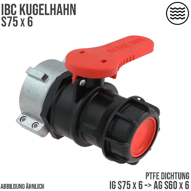 IBC S75 x 6 -> S60 x 6 Kugel Hahn rot Auslass Fass Ventil Container Tank Zubehör PTFE-Dichtung