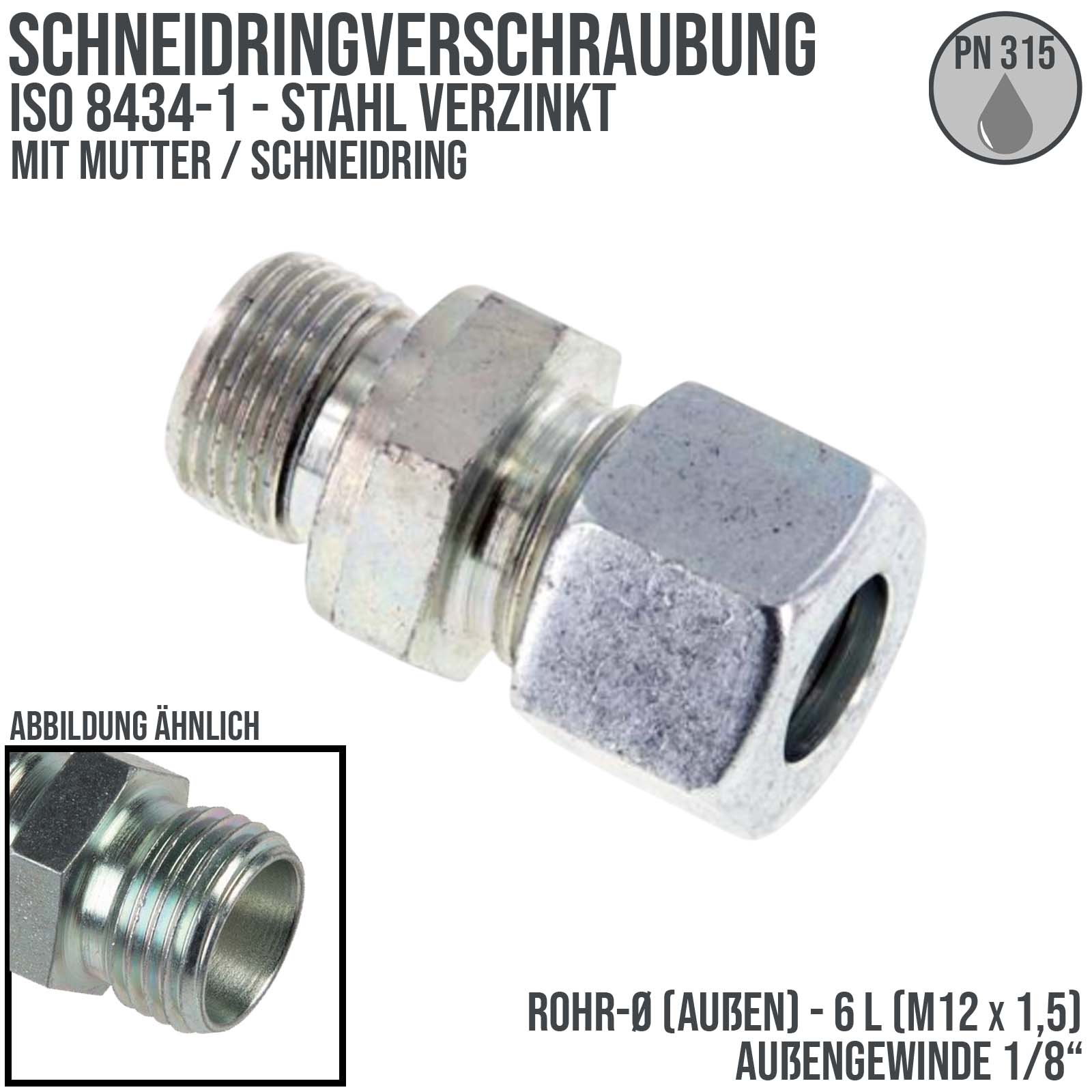 1/8" AG 6 L Schneidring Verschraubung Außengewinde M 12 x 1,5 Stahl verzinkt - PN 315 bar