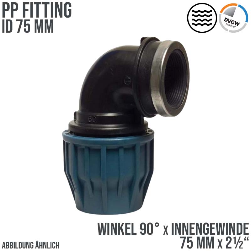 75 mm x 2 1/2"  PE PP Fitting Klemm Verbinder Verschraubung Rohr Winkel 90° x IG DVGW - PN 16 bar