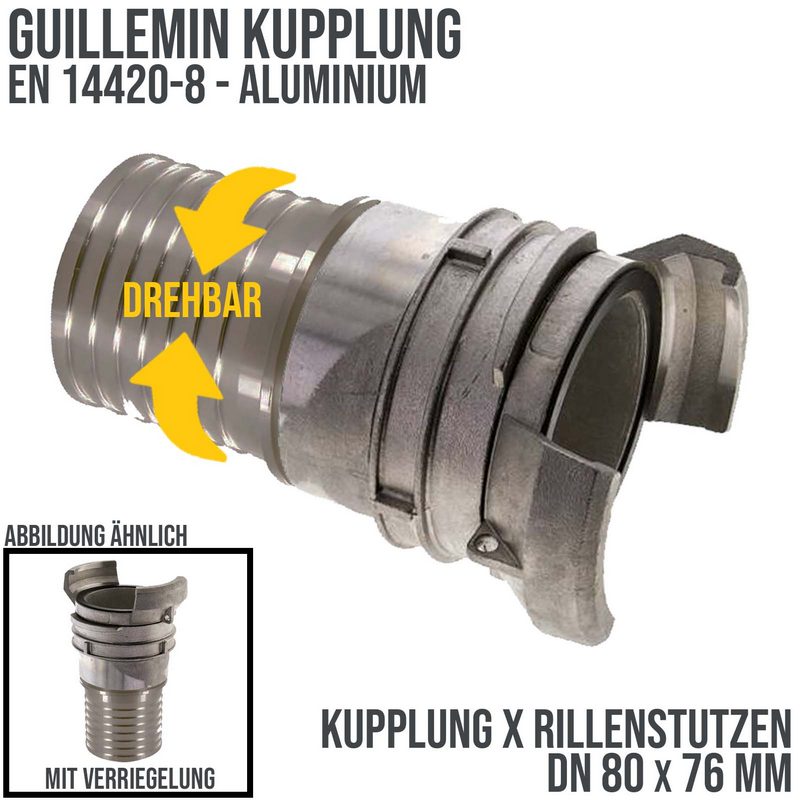 DN 80 Guillemin Kupplung Verriegelung Rillen Stutzen Tülle 76 mm drehbar Sicherungsbund Aluminium - PN 16 bar